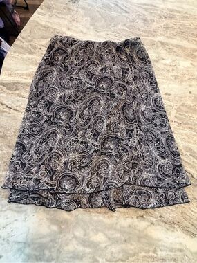 Notations Petite PL Black White Paisley Layered Midi Skirt Elastic Waist